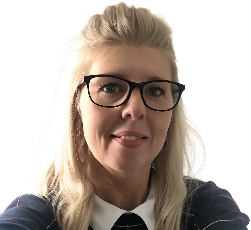 A head shot photo of Rachael, the person behind Astra HR. Blonde hair with dark frame glasses, wearing a dark jumper with a white collar.